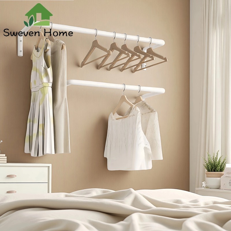 Sweven Home ราวแขวนผ้า ราว ราวติดผนัง บาร์เดี่ยวใช้สำหรับห้องนอน ไม้แขวนเสื้อมีชั้นวาง เรียบง่าย แข็งแรงและทนทาน