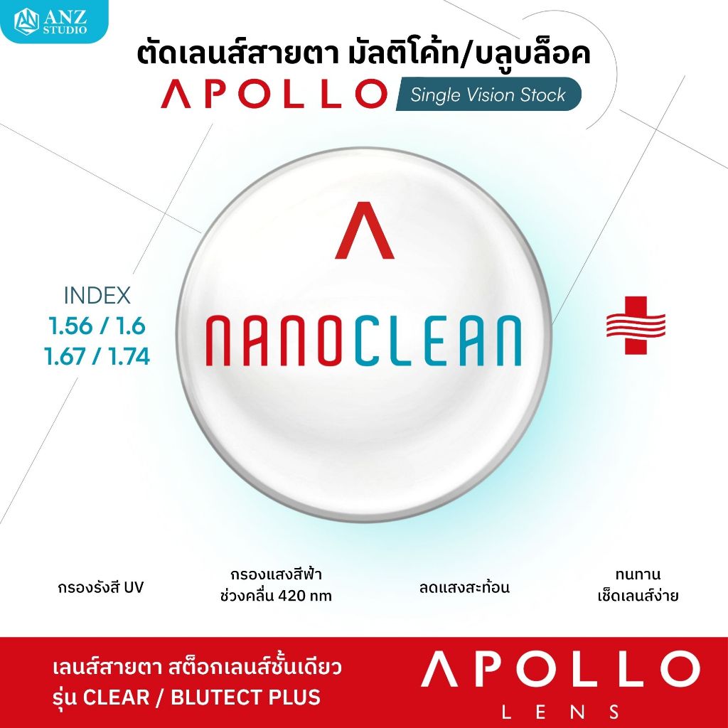 ANZ STUDIO เลนส์สายตา มัลติโค้ท / บลูบล็อค เลนส์ลดแสงสะท้อน กรองแสงสีฟ้า NanoClean จากแบรนด์ Apollo