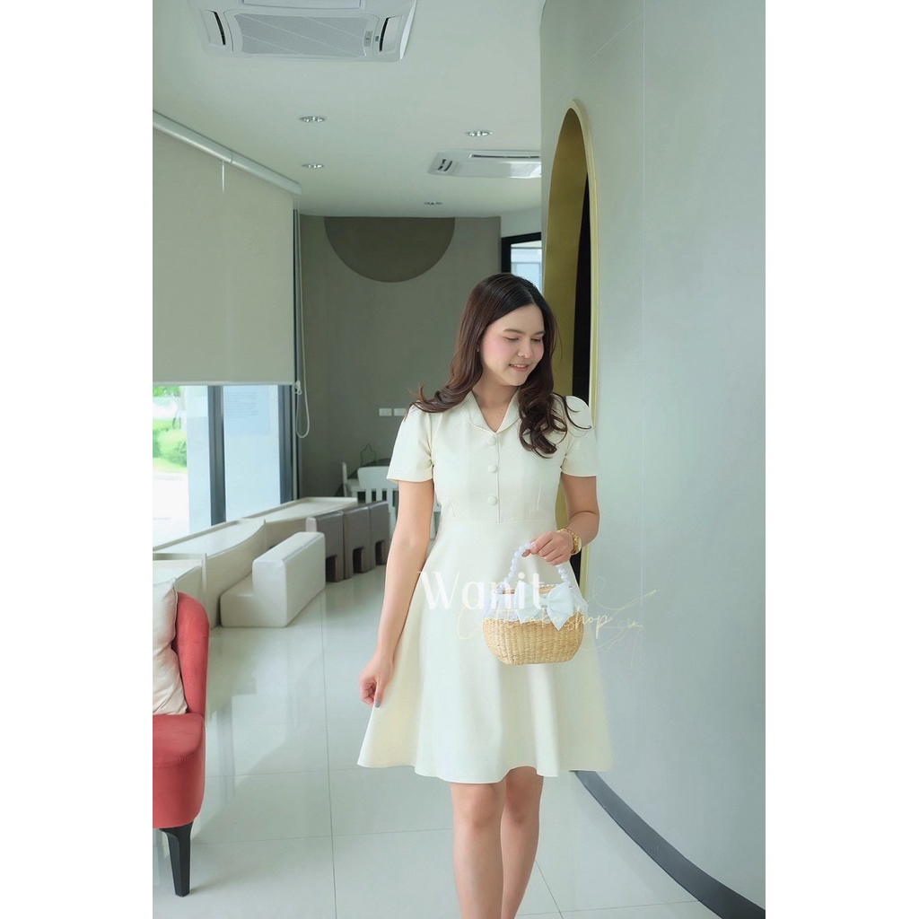 เดรสทำงาน คอบัว แต่งกระดุม