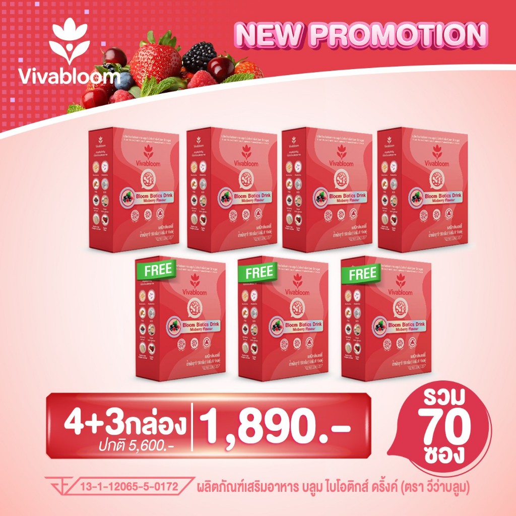 4+3 Bloom Biotics Drink บลูม ไบโอติกส์ ดริ้งค์ 3 ประโยชน์ Prebiotic Probiotic Postbiotic VivaBloom