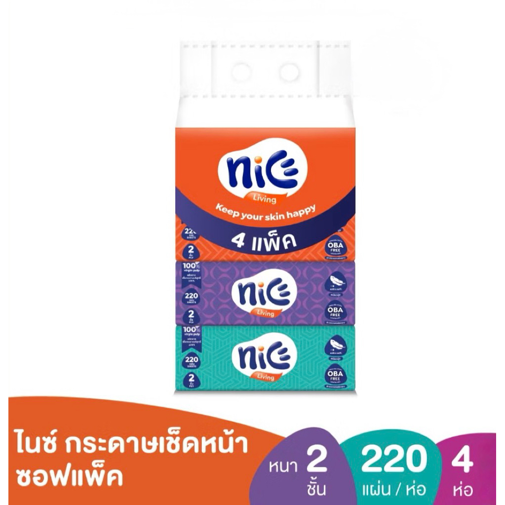 (1แพค 4ห่อ) Nice ไนซ์ ซอฟท์แพ็ค กระดาษเช็ดหน้า 220แผ่น แพค 4 ห่อ (ทิชชู่ กระดาษทิชชู่)