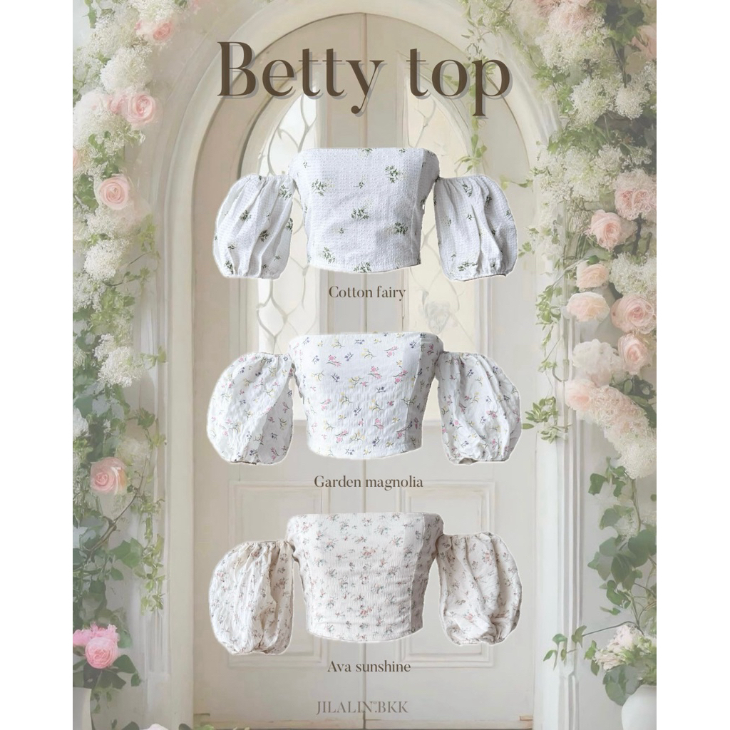 Betty top✨เสื้อครอปลายดอกไม้ เกาะอกแขนตุ๊กตา ปาดไหล่ Jilalin.bkk