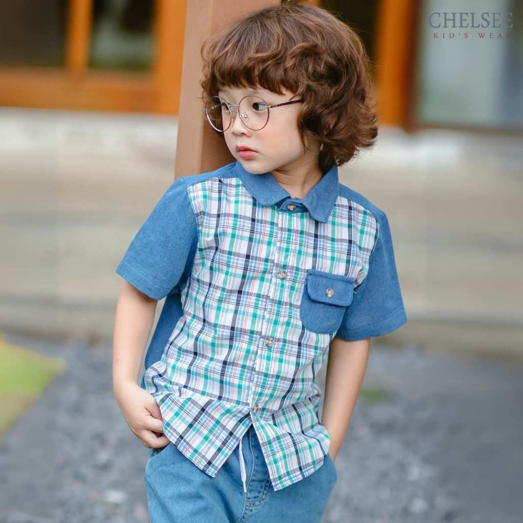 Chelsee เสื้อเชิ้ตยีนส์ แขนสั้น ลายสก๊อต ผ้ายีนส์ 100%Cotton เด็กผู้ชาย อายุ 1.5-10 ปี เสื้อผ้าเด็กโต รุ่น 128179 รูปที่ 2