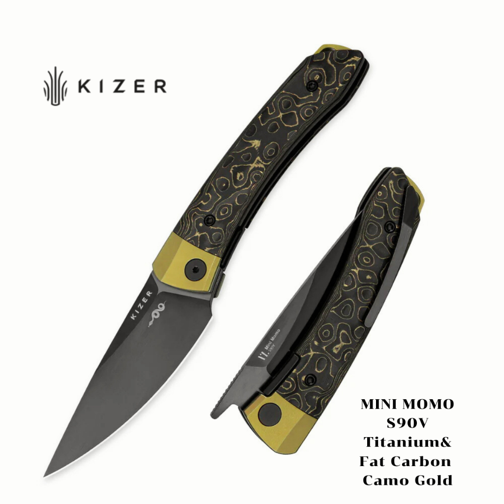 Kizer Mini MoMo มีดพับ แท้100% ใบS90V Titanium+Fat Carbon Camo Gold Ki3663A3