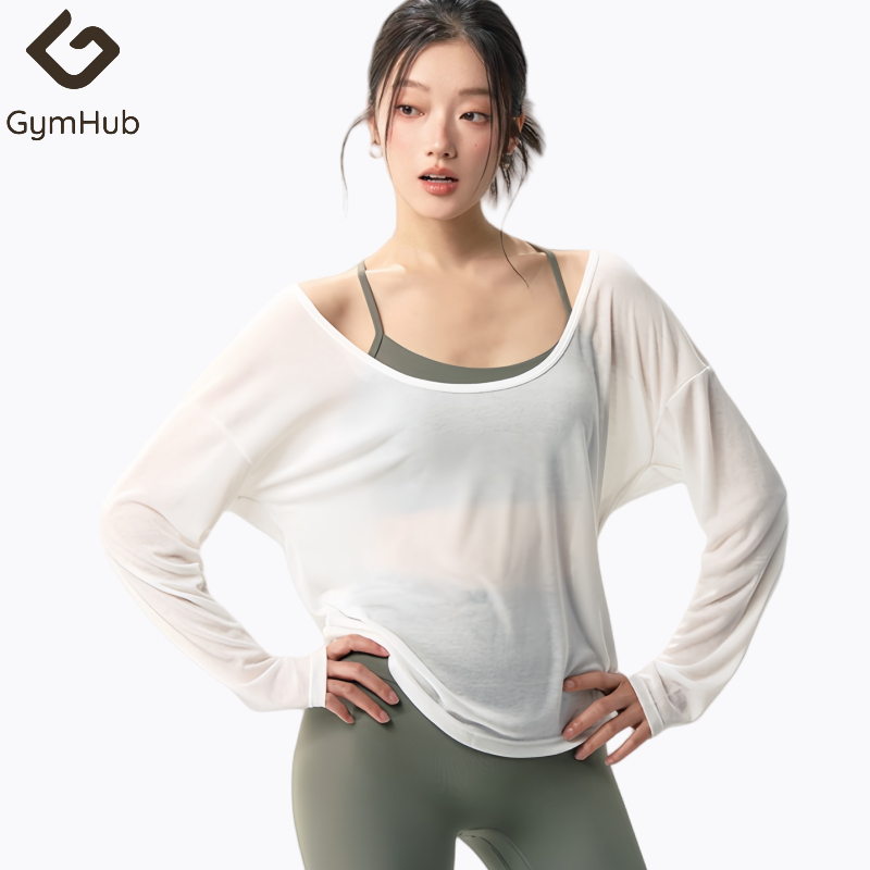 GymHub เสื้อคลุมโยคะผู้หญิง ผ้าตาข่ายโปร่ง สวมใส่สบาย ตัวหลวม แขนยาว สำหรับออกกำลังกายพิลาทิส