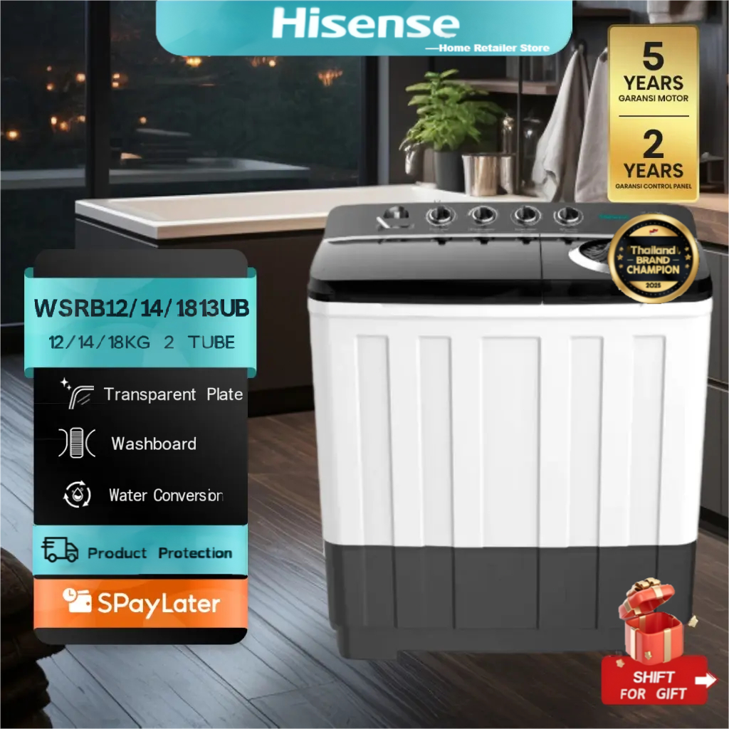 Hisense เครื่องซักผ้าฝาบนสองถัง สีดำ ความจุ 12 กก. / 14 กก. / 18 กก. *ไม่มีบริการติดตั้ง