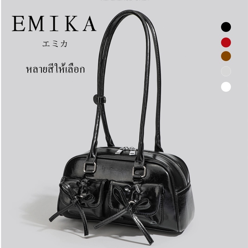 EMIKAกระเป๋าโบว์ลิ่ง สไตล์ Sweet & Cool กระเป๋าสะพายไหล่ กระเป๋าหนังPU สไตล์เกาหลี กระเป๋าบอสตันขนาดใหญ่ หลายสีให้เลือก