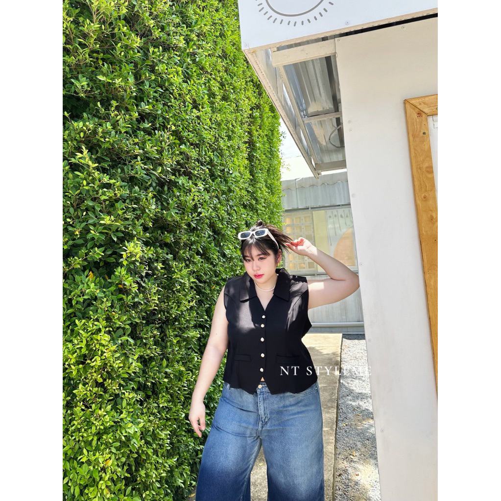 B36 เสื้อกั๊กแขนกุดทรงเบเซอร์เข้ารูปมีสายปรับได้ แต่งคอปกสุดเก๋สาวอวบอก48+