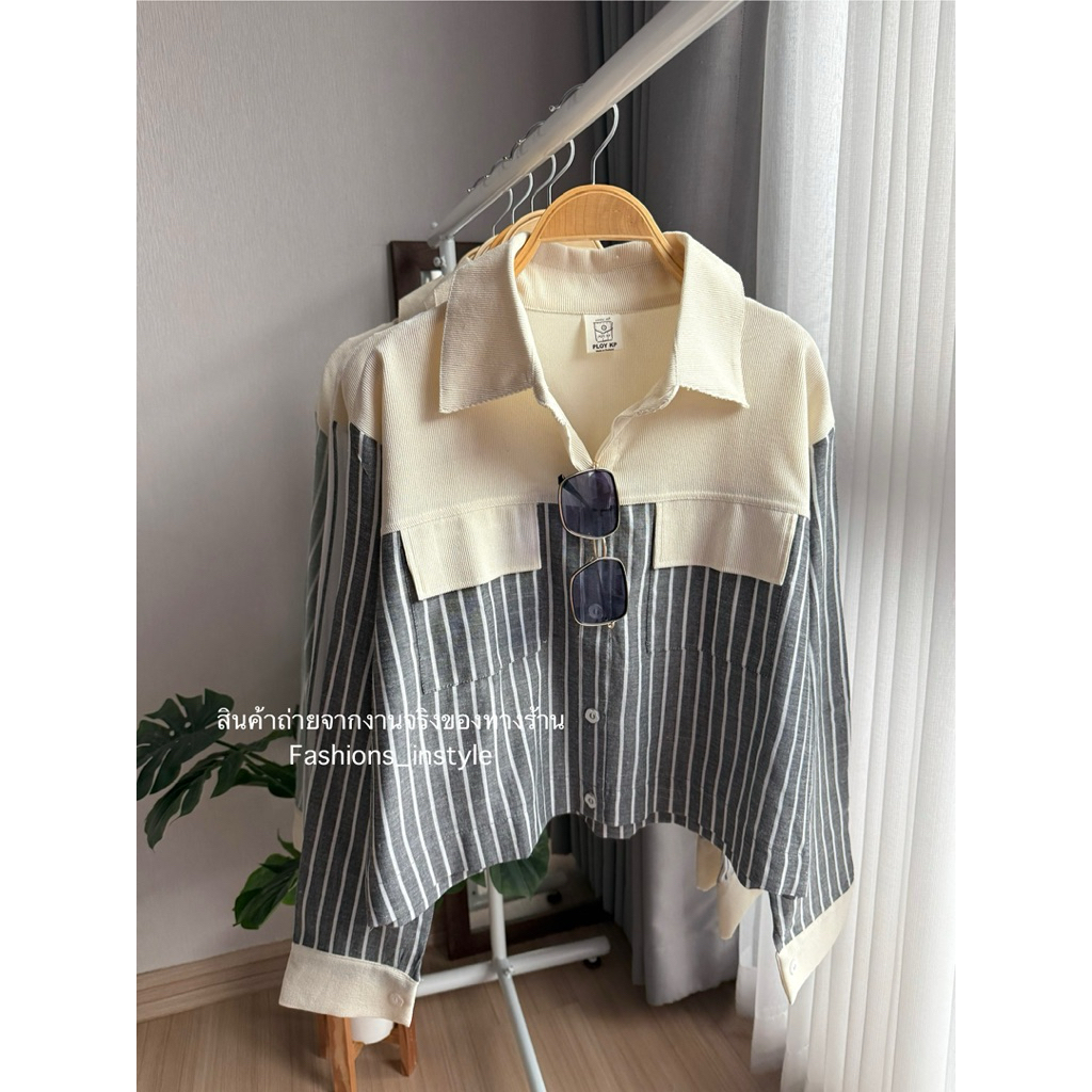 [อก 44] เสื้อเชิ้ตแขนยาวผ้าฝ้ายทอริ้วแต่งปกลูกฟูก (EC3)