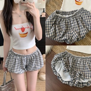 กางเกงลำลอง กางเกงขาสั้นลายสก๊อต เอวยืด เเบบสั้น สองชั้น ลาย…