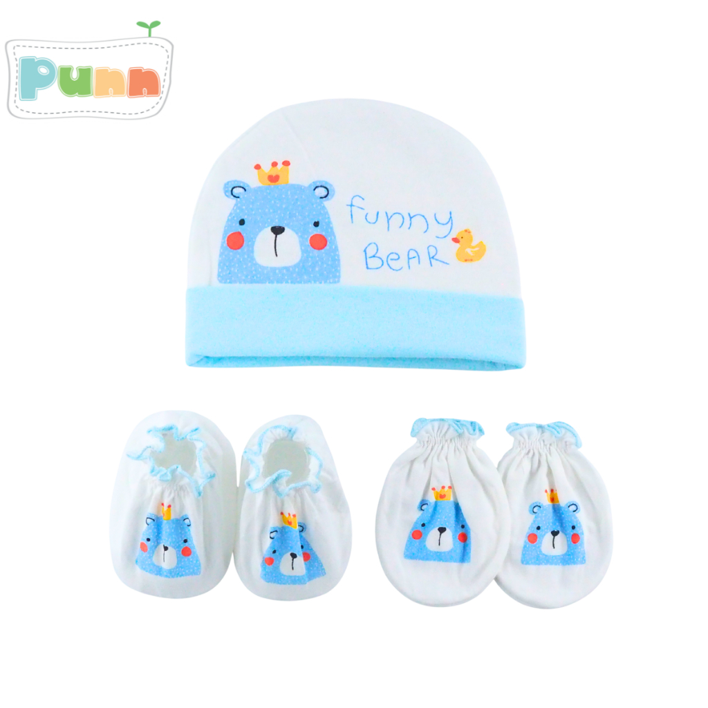 Natty pun ชุดเซ็ต 3 ชิ้น หมวก+ถุงมือ+ถุงเท้า สกรีนลายเข้าชุด สามารถเลือกลายได้ตามต้องการ