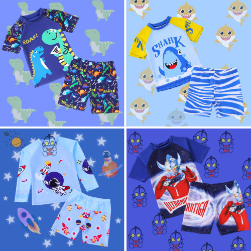 ชุดว่ายน้ำเด็ก 4-10 ขวบ เสื้อแขนสั้น + กางเกงขาสั้น คุโรมิ นักบินอวกาศ ไดโนเสาร์ อุลตราแมน พร้อมส่ง