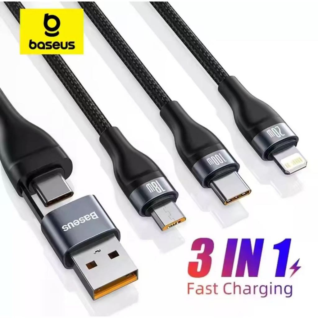 Baseus 3 in1 100W สายชาร์จเร็ว Usb Fast Charge Data Cable USB to M+L+C สายชาร์จ type c