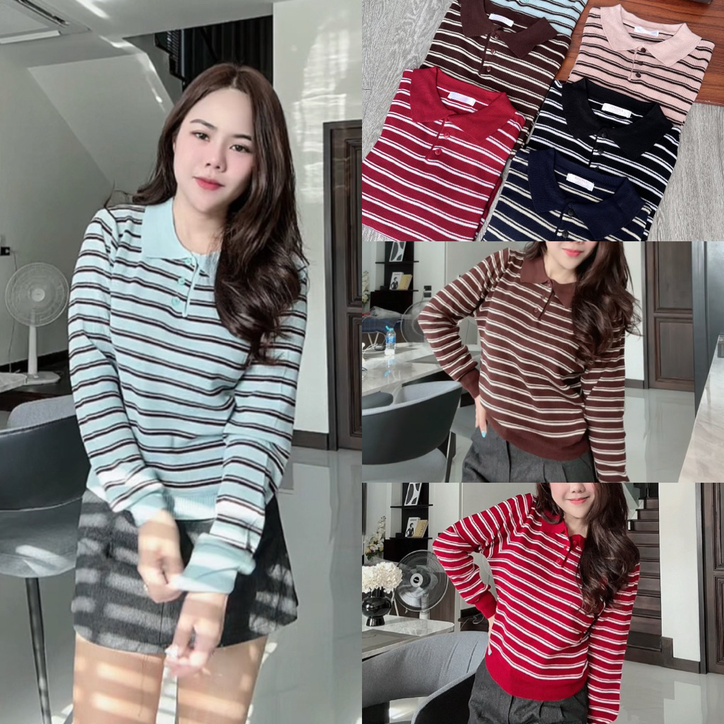 Eve Cardigan เสื้อโปโลแขนยาวคาดิแกนลายริ้ว