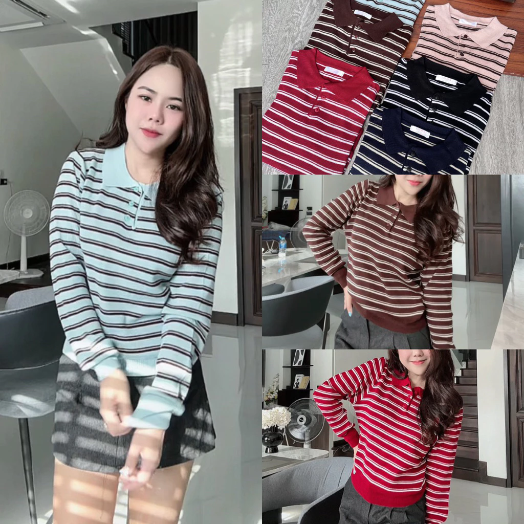 Eve Cardigan เสื้อโปโลแขนยาวคาดิแกนลายริ้ว