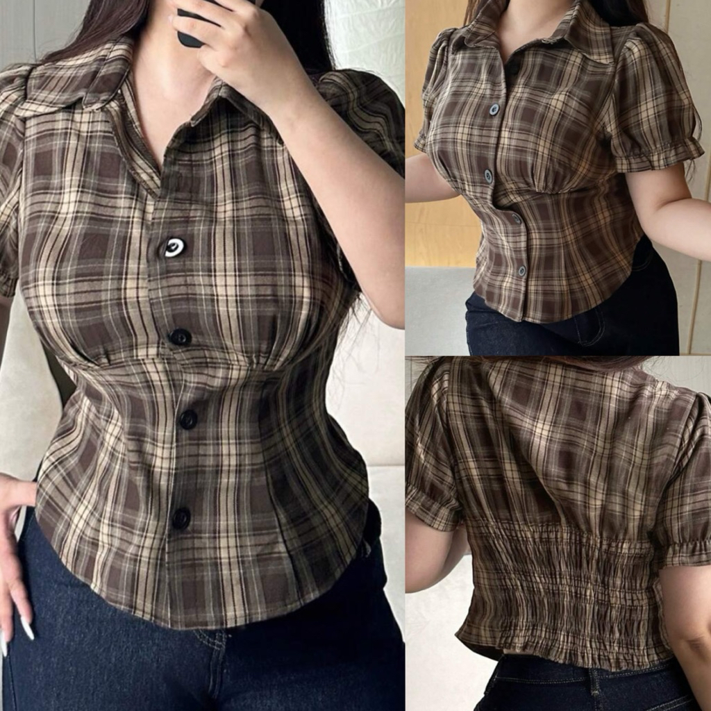 เสื้อคอปกแขนตุ๊กตาแต่งสม็อคหลัง กระดุมใช้ได้จริง อก 44-46