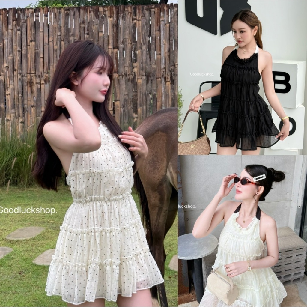 เดรสสั้นคล้องคอโขว์หลัง เดรสสั้นโชว์หลังเซ็กซี่ลายจุด สีดำ งานน่ารักมาก ใส่สบาย ภูเขา Good Luck (GL007)
