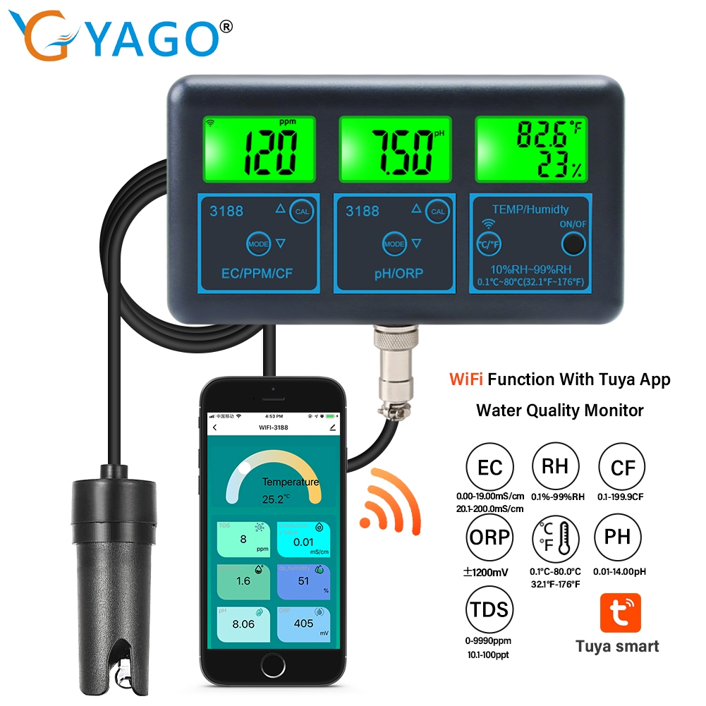 RCYAGO เครื่องวัดคุณภาพน้ำ pH/EC/ORP/TDS พร้อม WiFi APP Tuya สำหรับตู้ปลา สระว่ายน้ำ การเกษตร