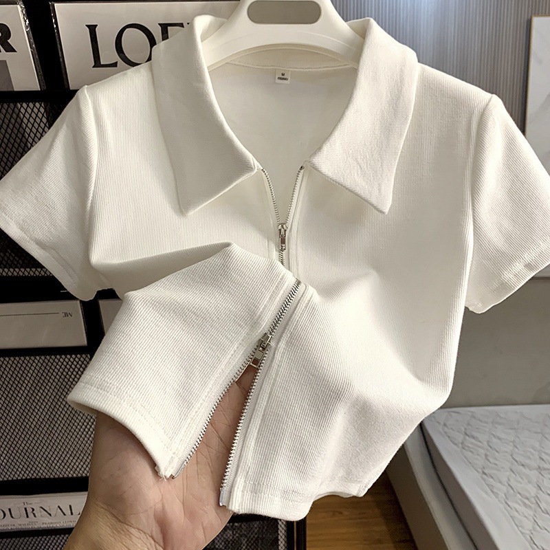 พร้อมส่งในไทย** เสื้อแขนสั้นคอปก เสื้อทำงานมีซิปรูดด้านหน้า ผ้านิ่มใส่สบายไม่แข็ง Y261
