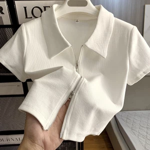 พร้อมส่งในไทย** เสื้อแขนสั้นคอปก เสื้อทำงานมีซิปรูดด้านหน้า ผ้านิ่มใส่สบายไม่แข็ง Y261