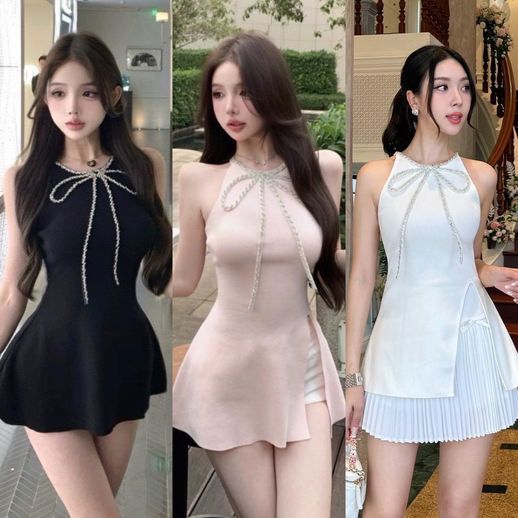 🚩ร้านโค้ดคุ้ม🚩 Rose 76 SET เสื้อแต่งเพชรรูปโบว์ + กระโปรง ใส่เที่ยว ออกเดท คาเฟ่ น่ารักมาก