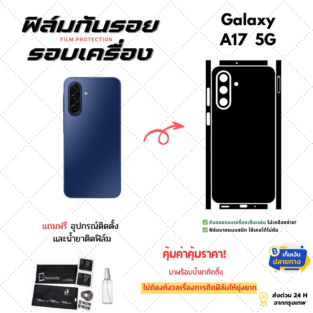 ฟิล์มกันรอยด้านหลังและขอบข้าง Samsung Galaxy A17 | ฟิล์มบางเฉียบ ไม่อมความร้อน ติดแน่น ไม่ดีดขอบ
