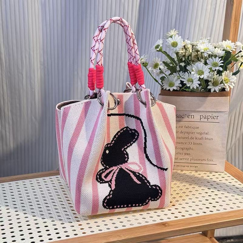 (พร้อมส่งในไทย)กระเป๋าผ้าถัก ทรงถังลายน่ารักมินิมอล กระเป๋าผ้าน่ารัก