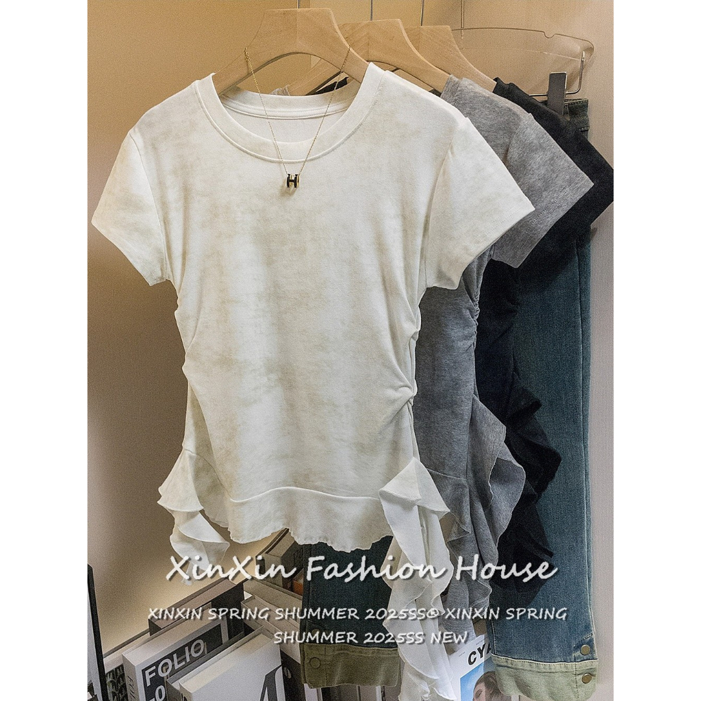 [Women's Summer Casual Ruffle T-Shirt]เสื้อยืดแขนสั้นทรงเข้ารูปไหล่ตรงสำหรับผู้หญิงในช่วงฤดูร้อน