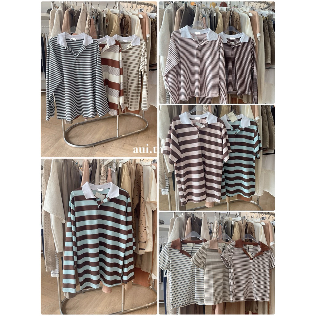 เสื้อโปโลPoloลายริ้วคอมีปกunisex/ovs/crop