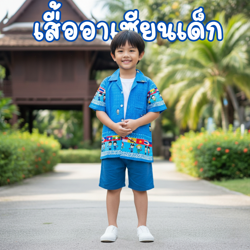 เสื้ออาเซียนเด็ก เสื้อเชิ้ตเด็กลายไทย ลายอาเซียน (มีชำระเงินปลายทาง)