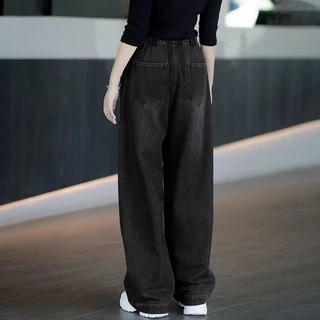 S-10XL กางเกงยีนส์หญิง ทรงกระบอกเอวสูง ใส่สบาย เอวยางยืด ปรับเอวด้วยเชือก