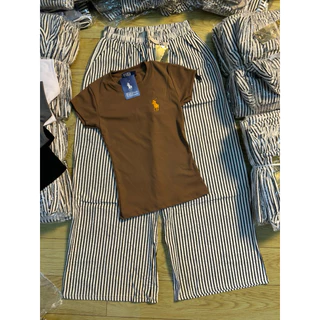 YY[พร้อมส่ง] เซ็ต2ชิ้น เสื้อปักม้า + กางเกงขายาวลายริ้ว ใส่ได้ทั้งชุด งานจริง