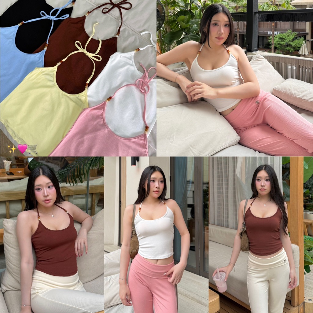 riri top - สายเดี่ยวคล้องคอชายโค้ง ดีเทลลูกปัดฟีลทะเล