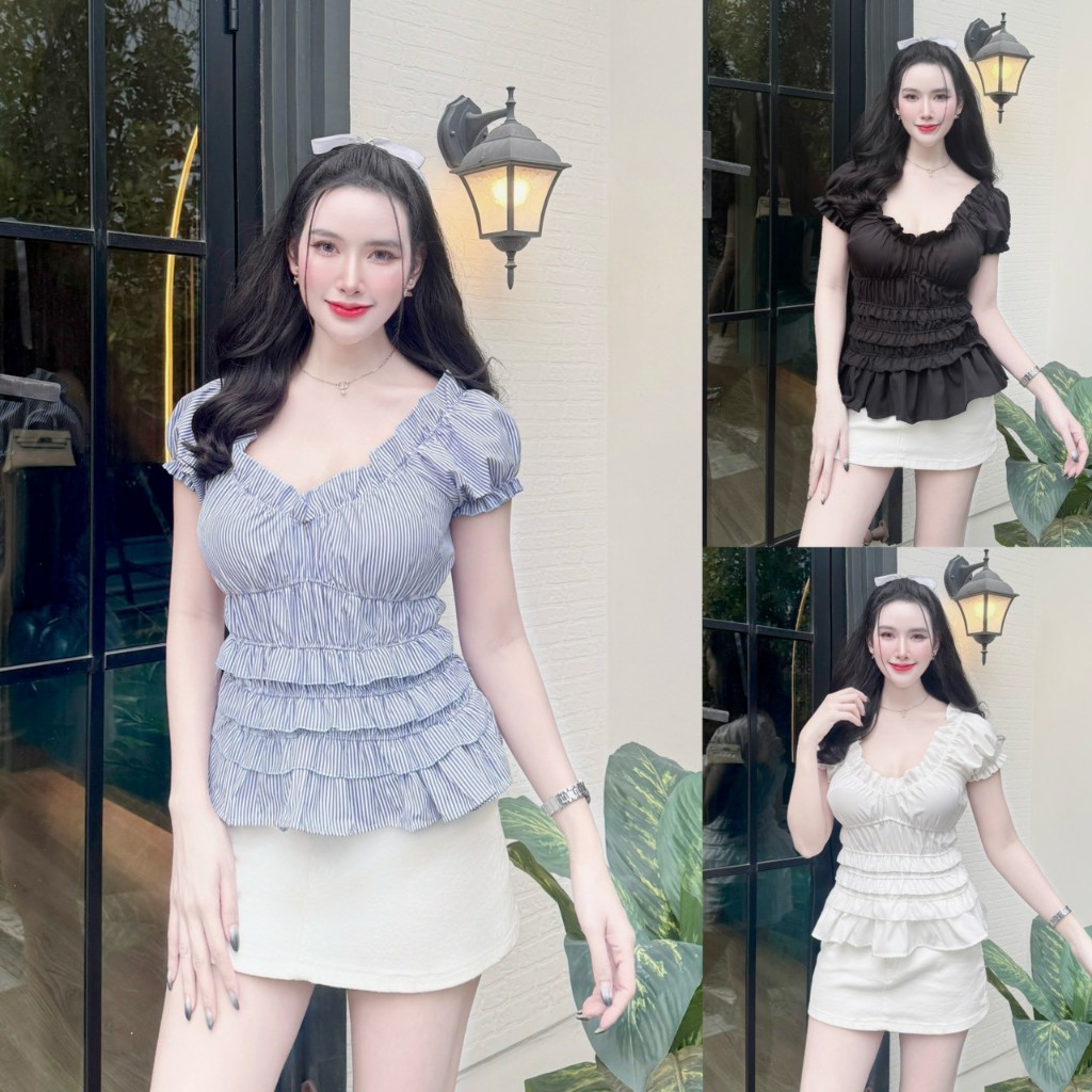 สินค้าพร้อมส่ง เสื้อคอวี แขนตุ๊กตาทรงบอลลูน แต่งสม๊อค เข้ารูป  ใส่เที่ยวคาเฟ่ ใส่แมท สำหรับผู้หญิง