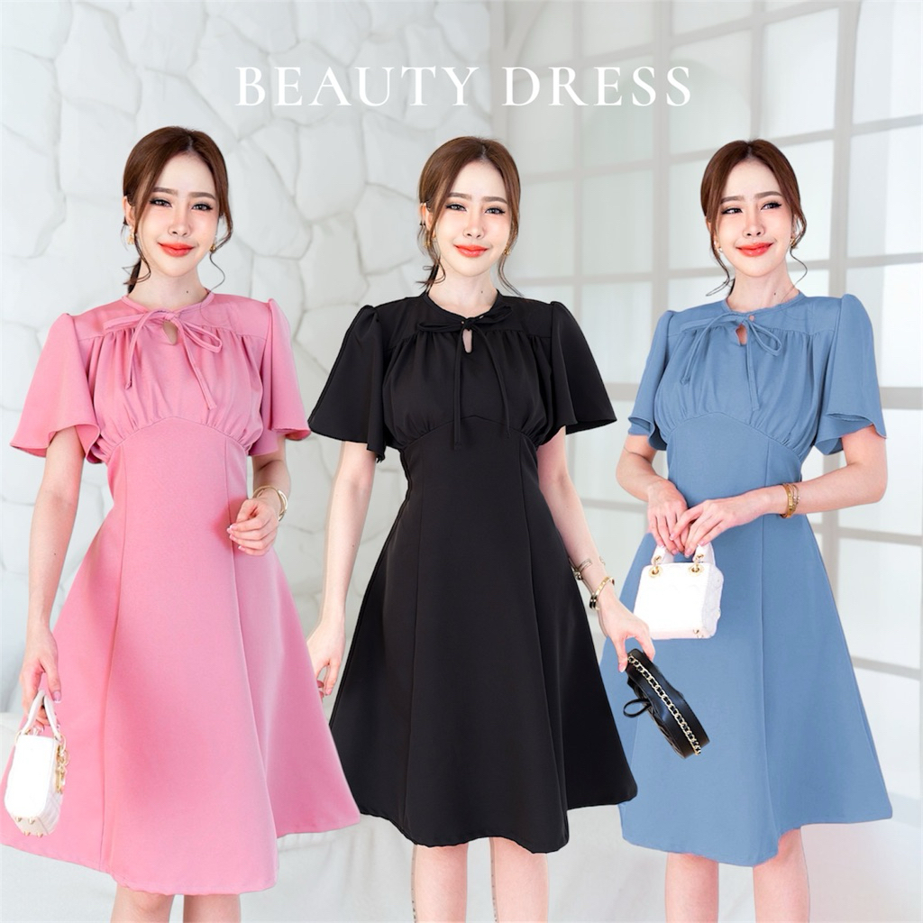 Beauty dress เดรสคอผูกโบว์ ย่นหน้า ป้าย VERA