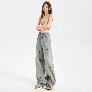 1743-NEWSIZE/S-10XLกางเกงยีนส์ขายาวกระบอกกลางเอวต่ำสีสนิมฟอกปักลายสุนัขทั้งตัวใส่ได้ทั้งผู้ชายละผู้หญิงพร้อมส่ง