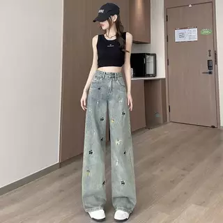 1743-NEWSIZE/S-10XLกางเกงยีนส์ขายาวกระบอกกลางเอวต่ำสีสนิมฟอกปักลายสุนัขทั้งตัวใส่ได้ทั้งผู้ชายละผู้หญิงพร้อมส่ง
