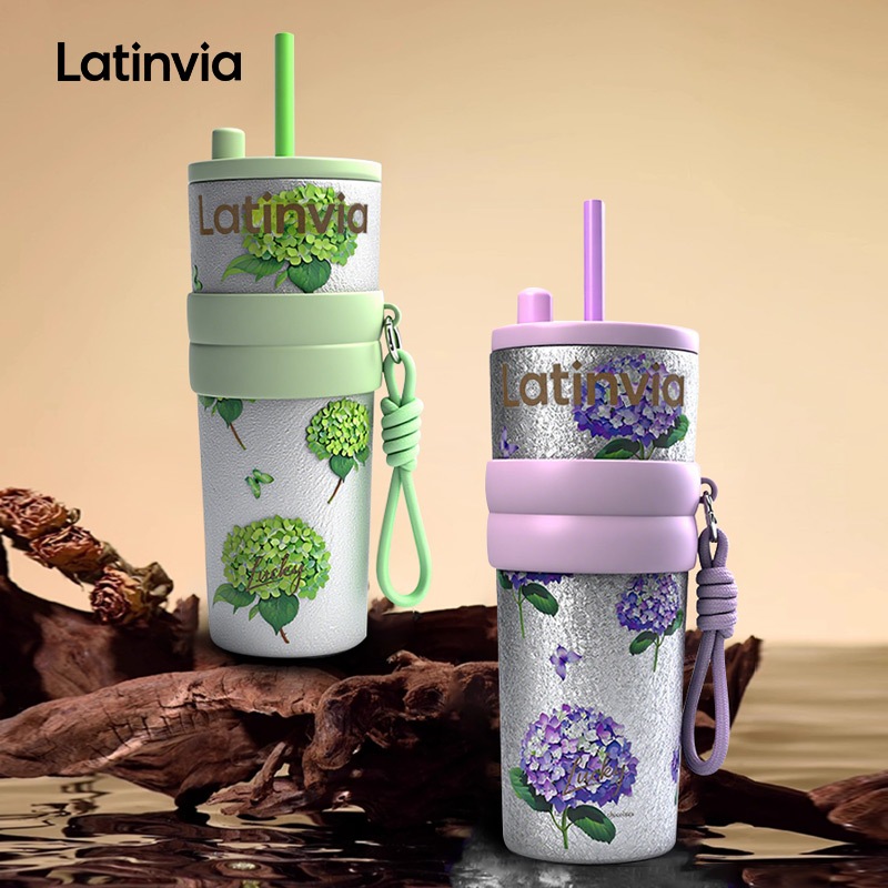 LATINVIA ขวดน้ำ tumbler ทันสมัยผู้หญิง กระติกน้ำ กระบอกน้ำ สแตนเลส 316 เก็บร้อนเก็บเย็น 710ML มีฟาง หูหิ้ว ใส่รถได้