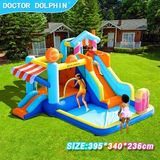Doctor Dolphin ปราสาทเป่าลมเด็ก 5 โซน มีสไลด์ สนามกระโดด บ่อลูกปืน ต่อยมวย ฟรีพัดลมใช้ในบ้านและสวน