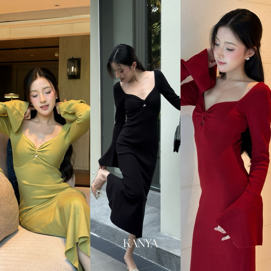 KANYA - Mermaid Dress[7300] เดรสไหมพรม กระโปรงหางปลา แขนกระดิ่ง (4G-4I) / (17E-17G)