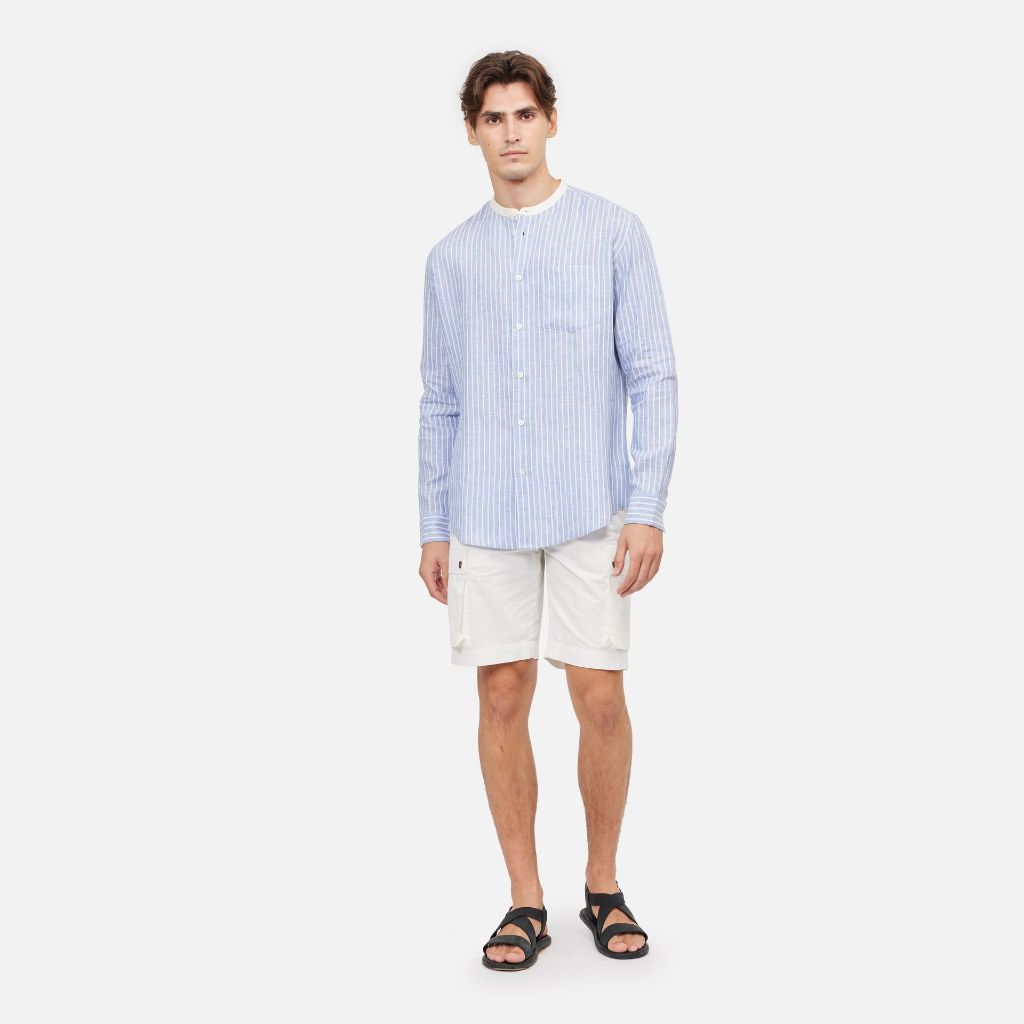 Stripe Linen Mandarin Long Sleeves Shirt - Blue/White