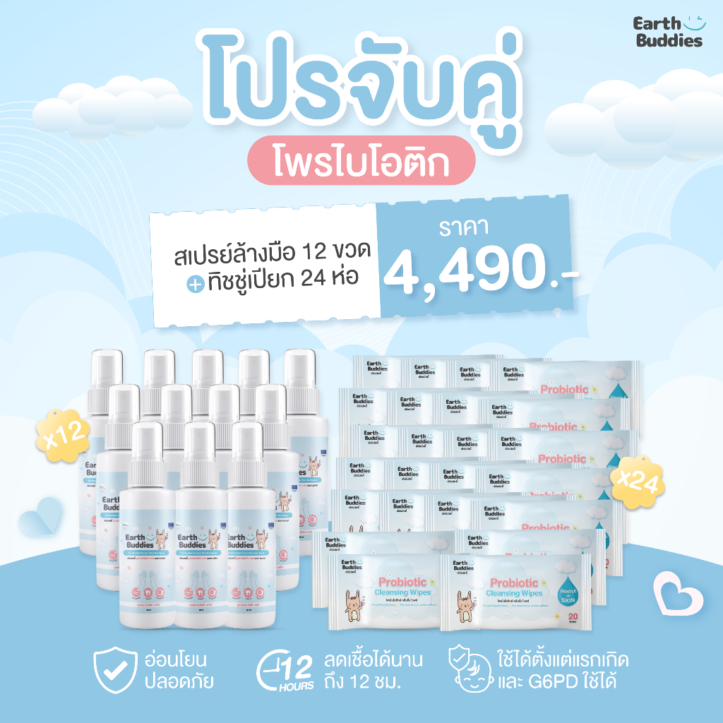 [สเปรย์ 12 + ทิชชู่ 24] Earth Buddies สเปรย์ล้างมือ + ทิชชู่เปียก สูตรโพรไบโอติก