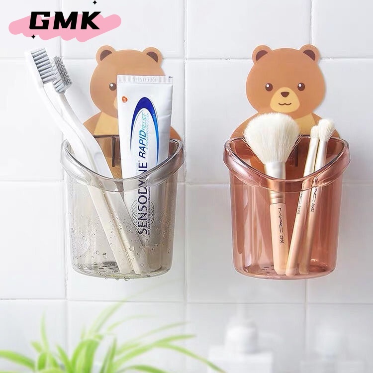 ที่เก็บแปรงสีฟันติดผนัง ถ้วยแปรงสีฟันหมี ชั้นเก็บของในห้องน้ำ ไม่ต้องเจาะผนัง วางของในห้องน้ำมีรูระบายน้ำG2729