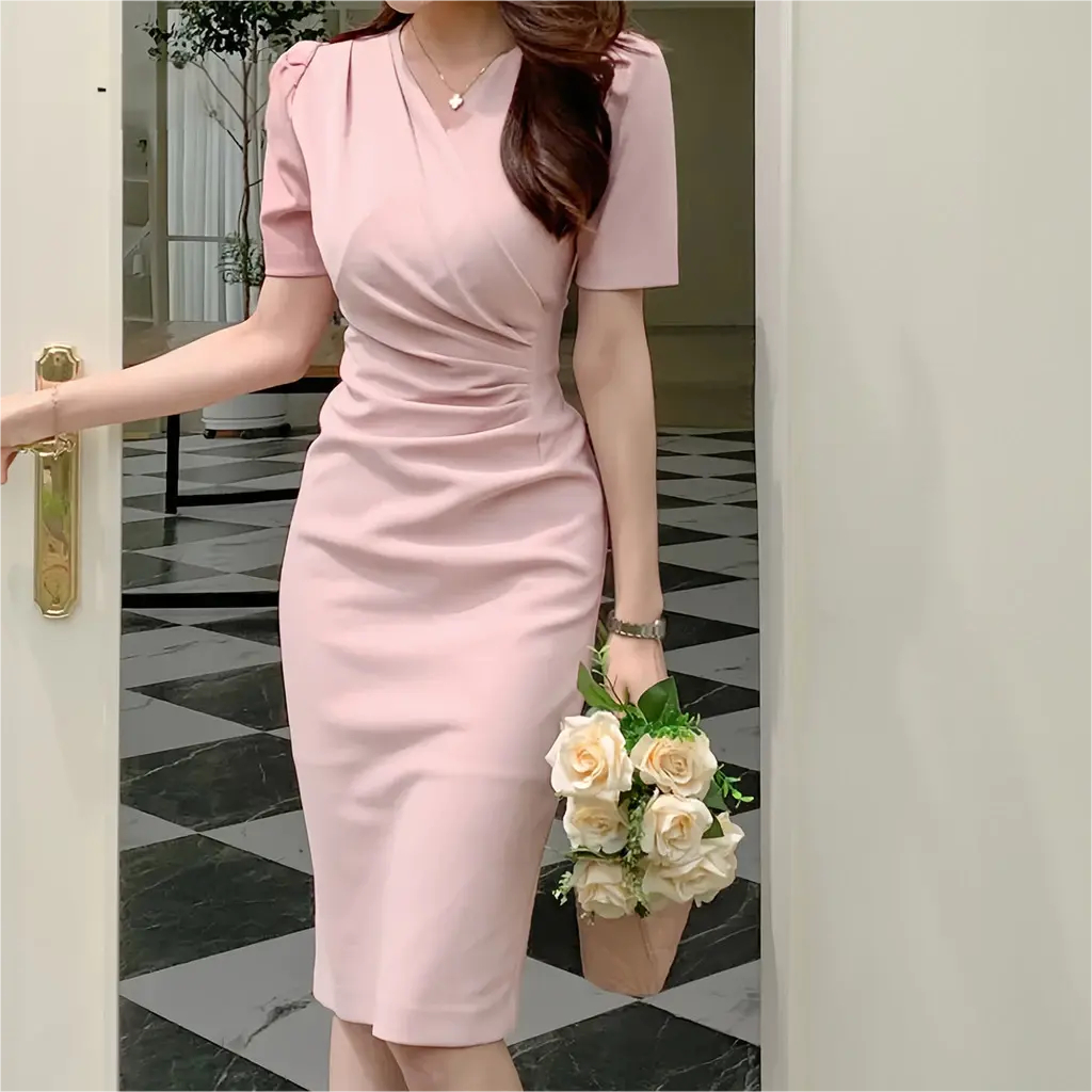 เดรสสีชมพู กระโปรงยาว ออกงาน เกาะอก เดรสน่ารัก ทํางาน คอวี dress ออกงาน ชุดราตรี XXXL