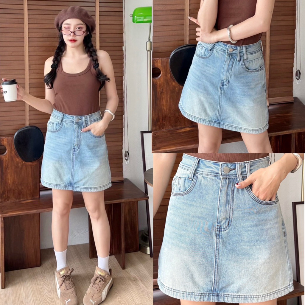กระโปรงยีนส์สั้นทรงเอ สียีนส์อ่อน แต่งเฟด มีซับในบาง ผ้าไม่ยืด #YME1628