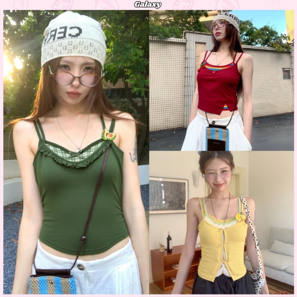 เสื้อสายเดี่ยว เสื้อแขนกุด รัดรูป เสื้อสองชั้น ทรงเข้ารูป ปักผลไม้ #020355