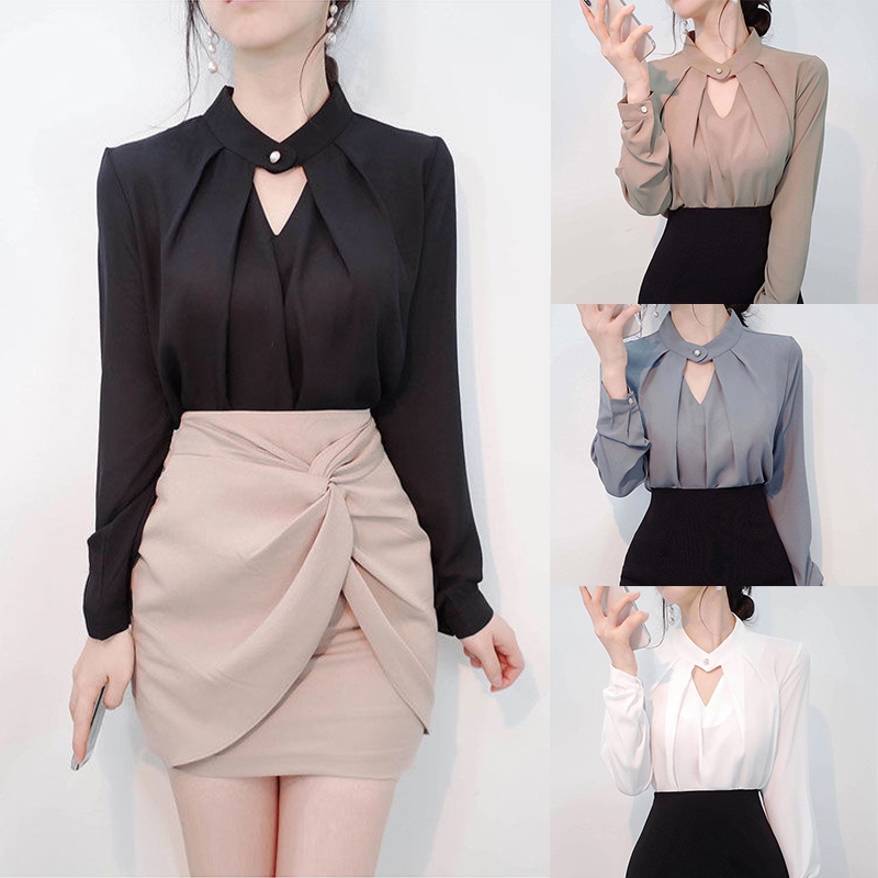 🌵Grace_chili🌵【จัดส่งตลอด 24 ชั่วโมง】เสื้อเชิ้ตชีฟองสีขาวสำหรับผู้หญิงแขนยาวใหม่ เสื้อเชิ้ตแขนยาวผ้าซาติน W624