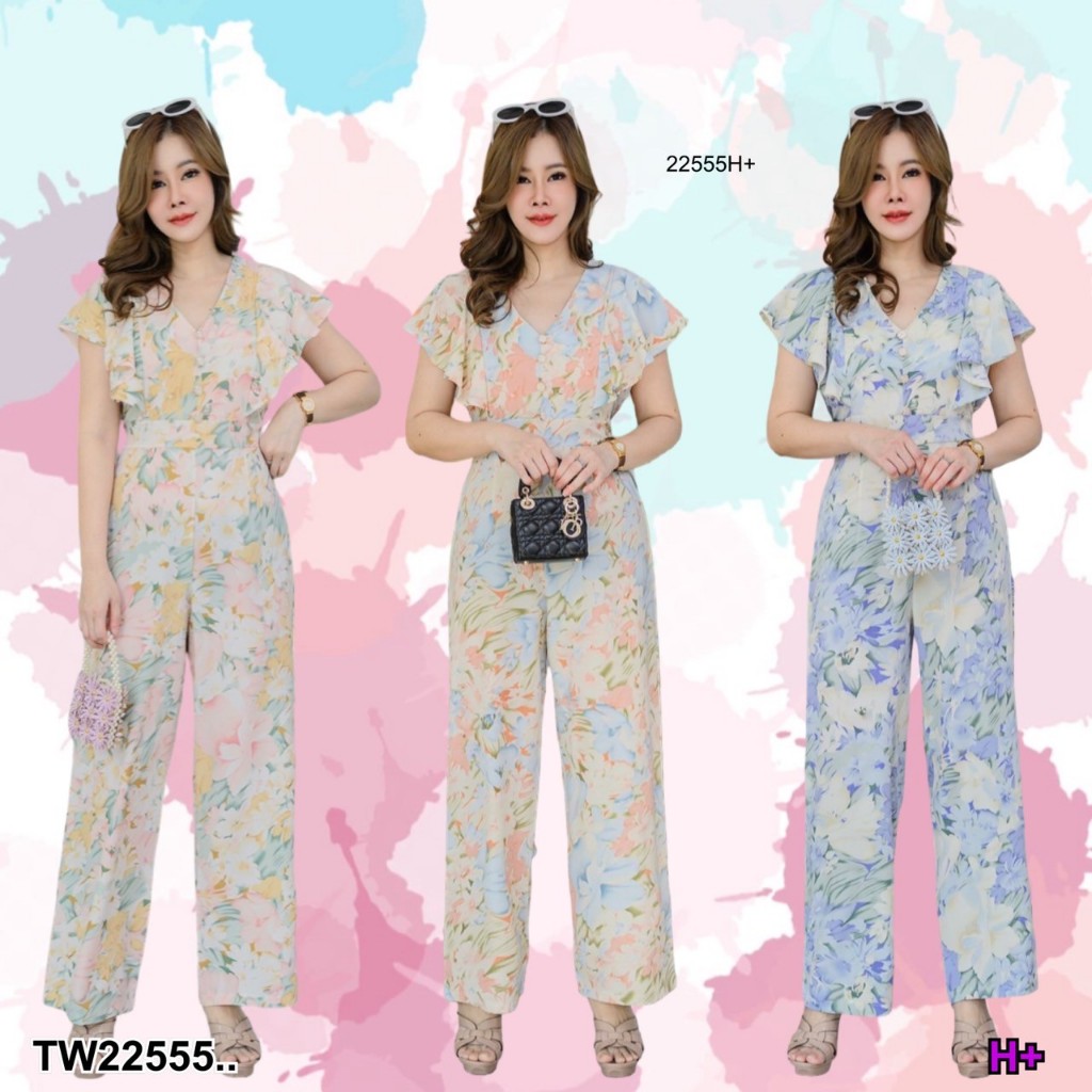 Jumpsuit #สาวอวบ แขนระบาย ผ้าพิมพ์ลาย .. TW22555 TwinsShopVip พร้อมส่ง – โปรปัง