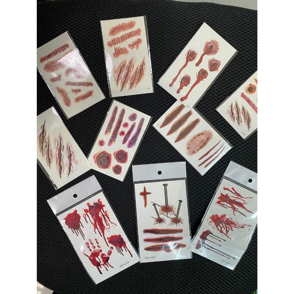 สินค้าพร้อมส่ง สติ๊กเกอร์แทททู แผลปลอม เลือด กันน้้ำtattoo Halloween สติ๊กเกอร์ผีฮาโลวีน 5แผ่น แถม1 *คละลาย