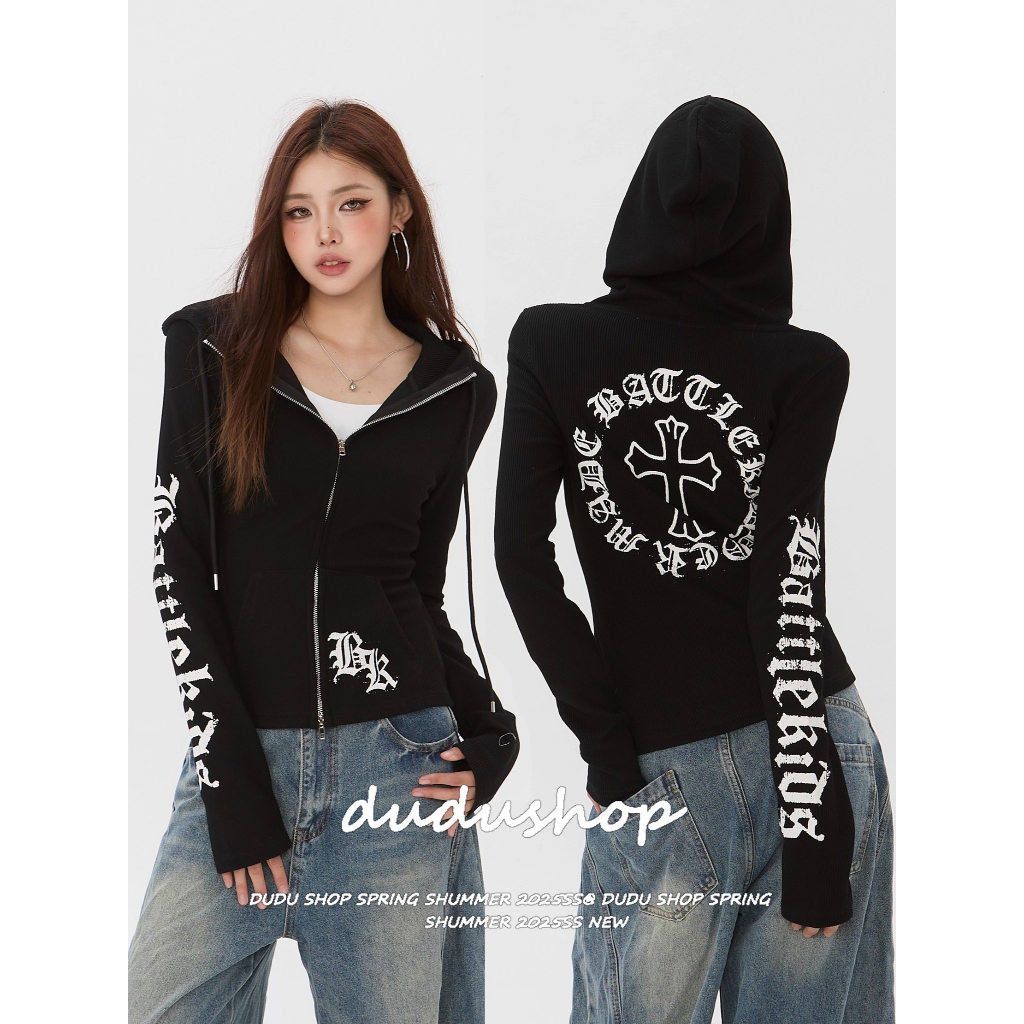 [Trendy hip-hop print, thin sports hoodie]เสื้อฮู้ดแบบบางสไตล์อเมริกันโกธิคสำหรับผู้หญิงพร้อมซิป